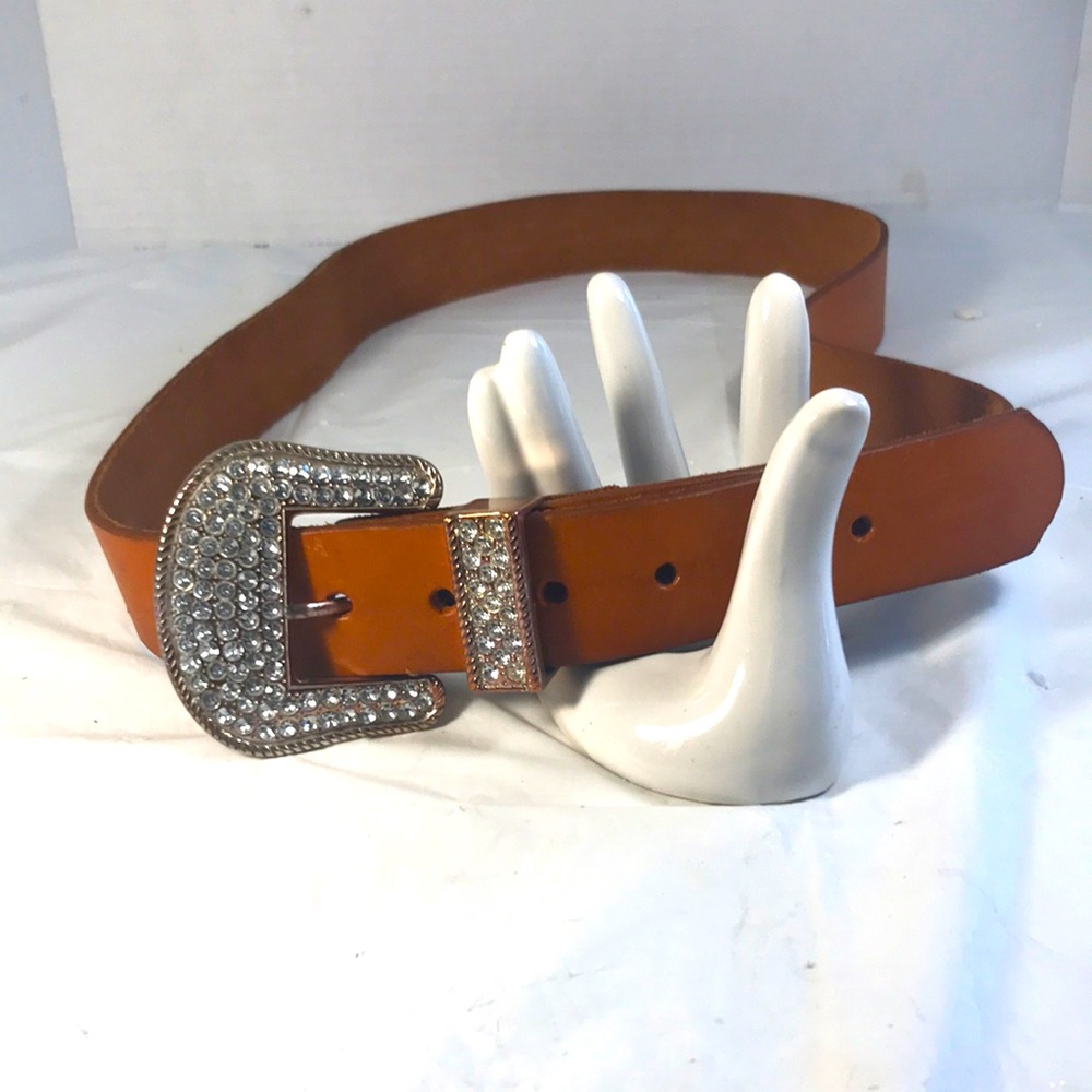 Women’s Plus Size Western Style Brown Leather Belt with Rhinestone Buckle